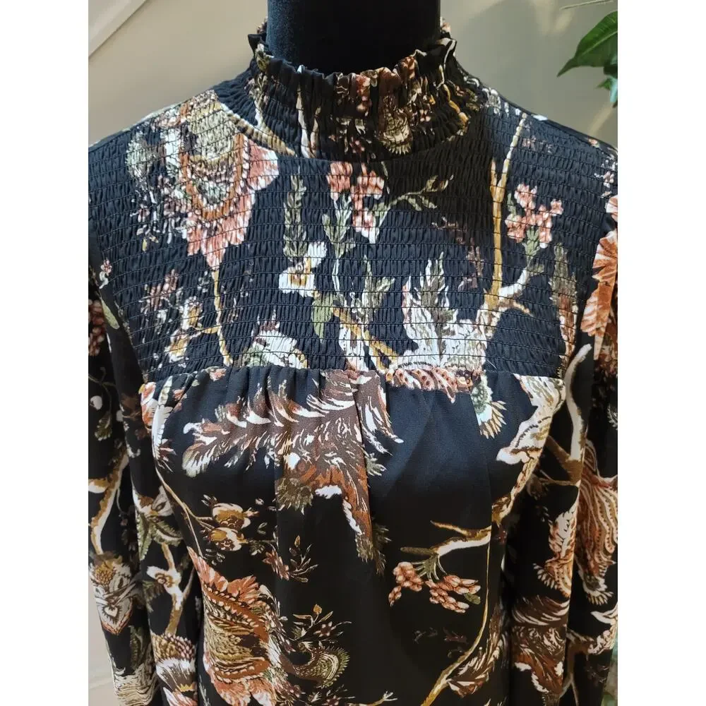 Maison D' Amelie Blouse Women's Small Black Floral Smocked Mock Neck Long Sleeve - Picture 3 of 11